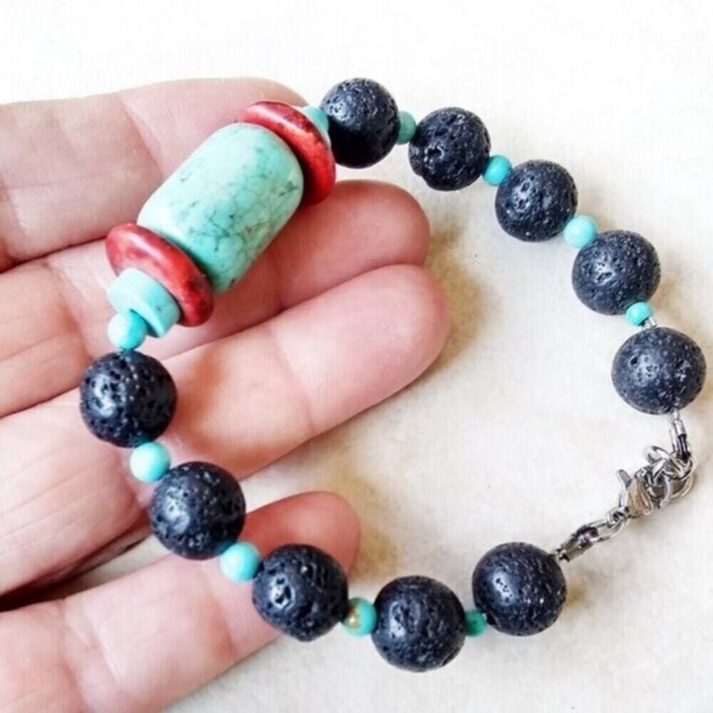 Uniquely Handmade! Red + Turquoise Howlite + Black Lava Rock Bracelet! 6.5-7"